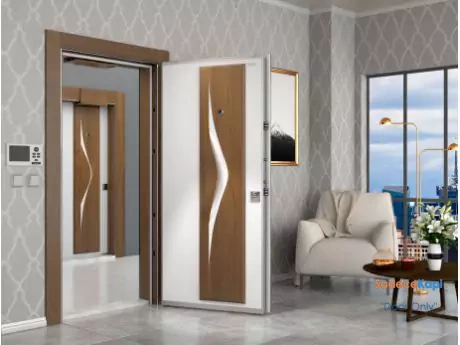via white vertical wooden patterned steel door