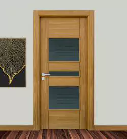 Camlı Teak Renkli Doğal Kaplama Kapı, Doğal Ahşap Kapı
