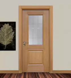 Teak Renkli Camlı Ve Göbekli Doğal Ahşap Kapı, Ahşap Kaplama Kapı