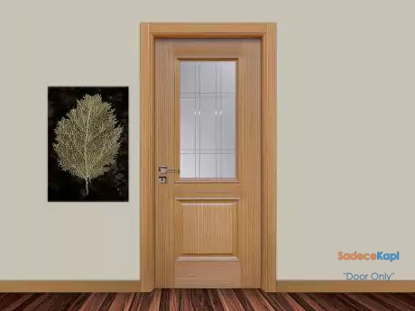 teak renkli camli ve gobekli dogal ahsap kapi